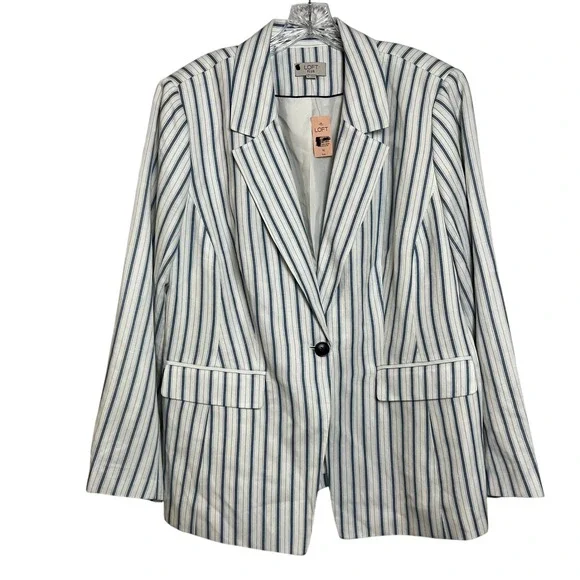 LOFT PLUS NWT Striped Blazer Jacket 16 Linen Blue‎ White Single Button - Picture 2 of 7